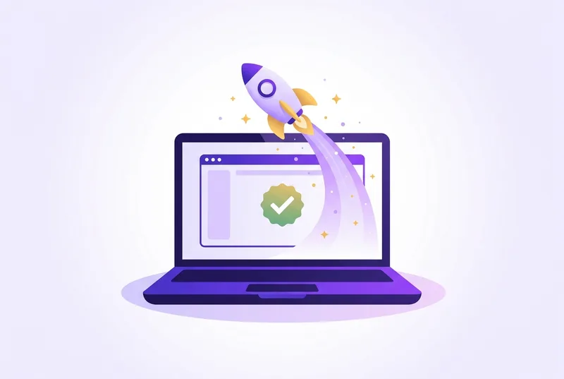 Illustration: eine Rakete startet aus einem Laptop, auf dem Bildschirm ein grünes Häkchen