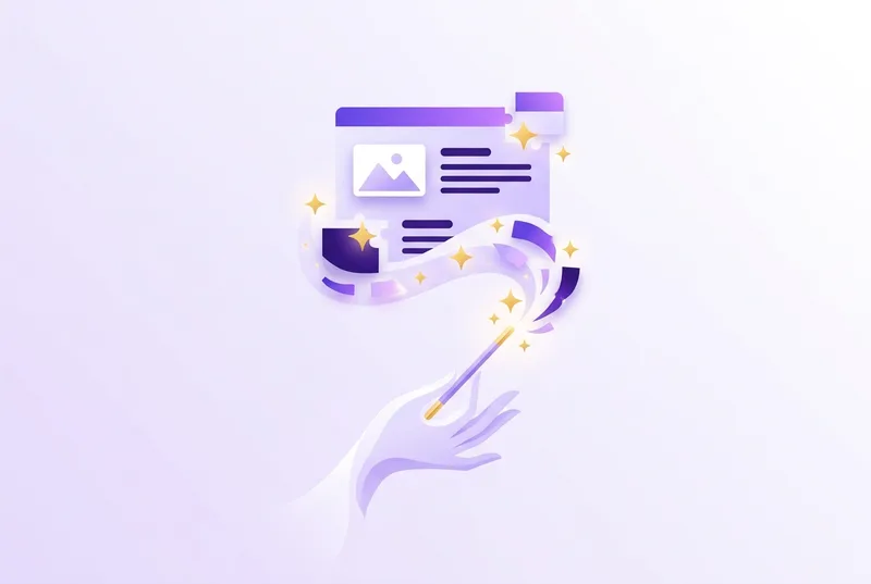 Illustration: eine Hand mit Zauberstab lässt ein Browserfenster aus goldenen Funken entstehen